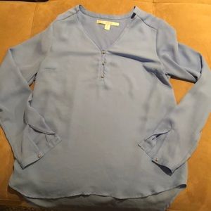 3/4 length sheer dress shirt with gold buttons.